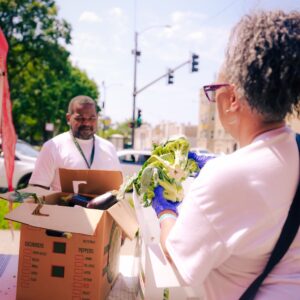 Two people distributing fresh produce outdoors, handing vegetables from boxes at a community event.