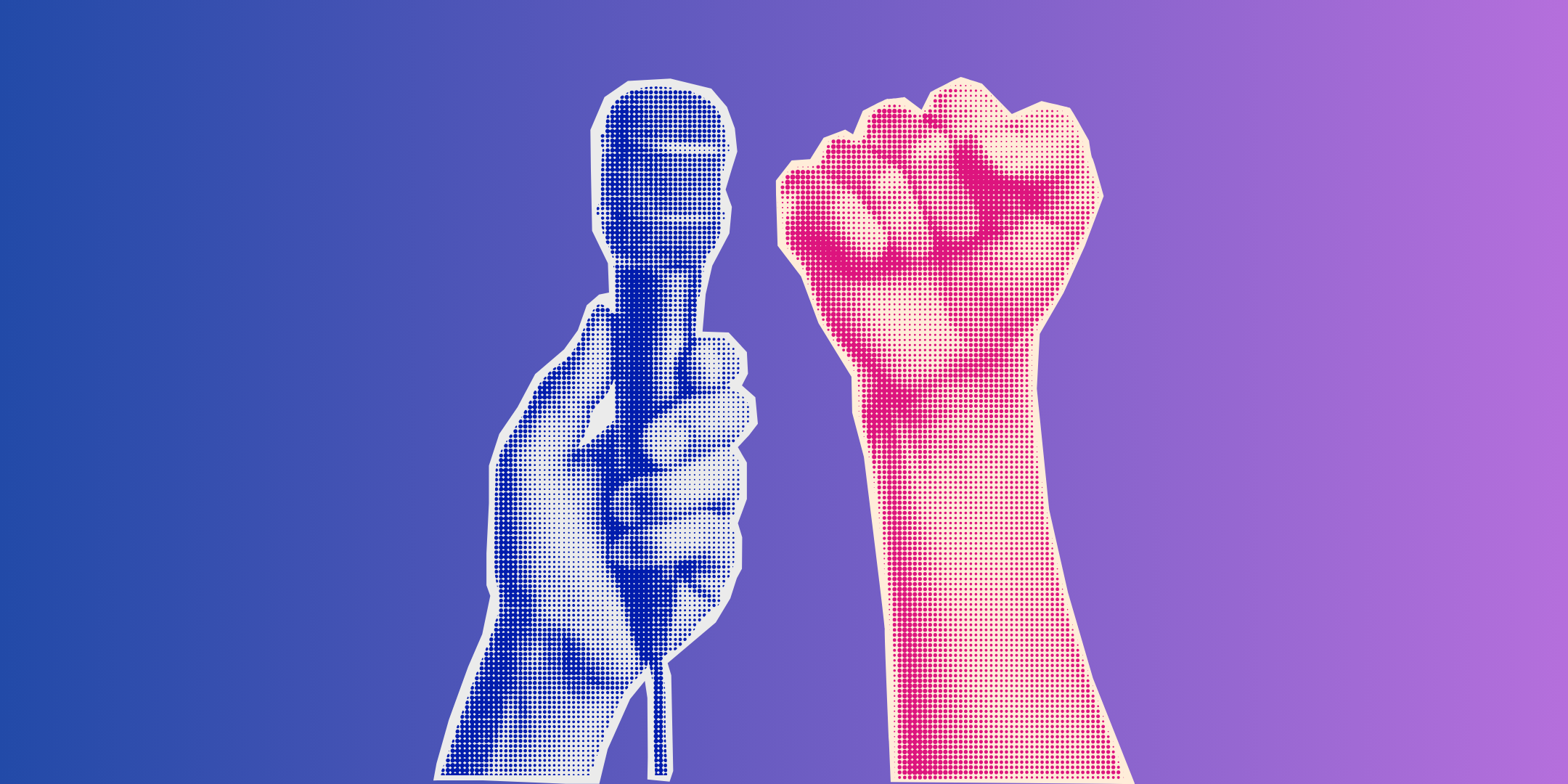 Illustration of a hand holding a microphone and another hand raised in protest against a blue and purple gradient background