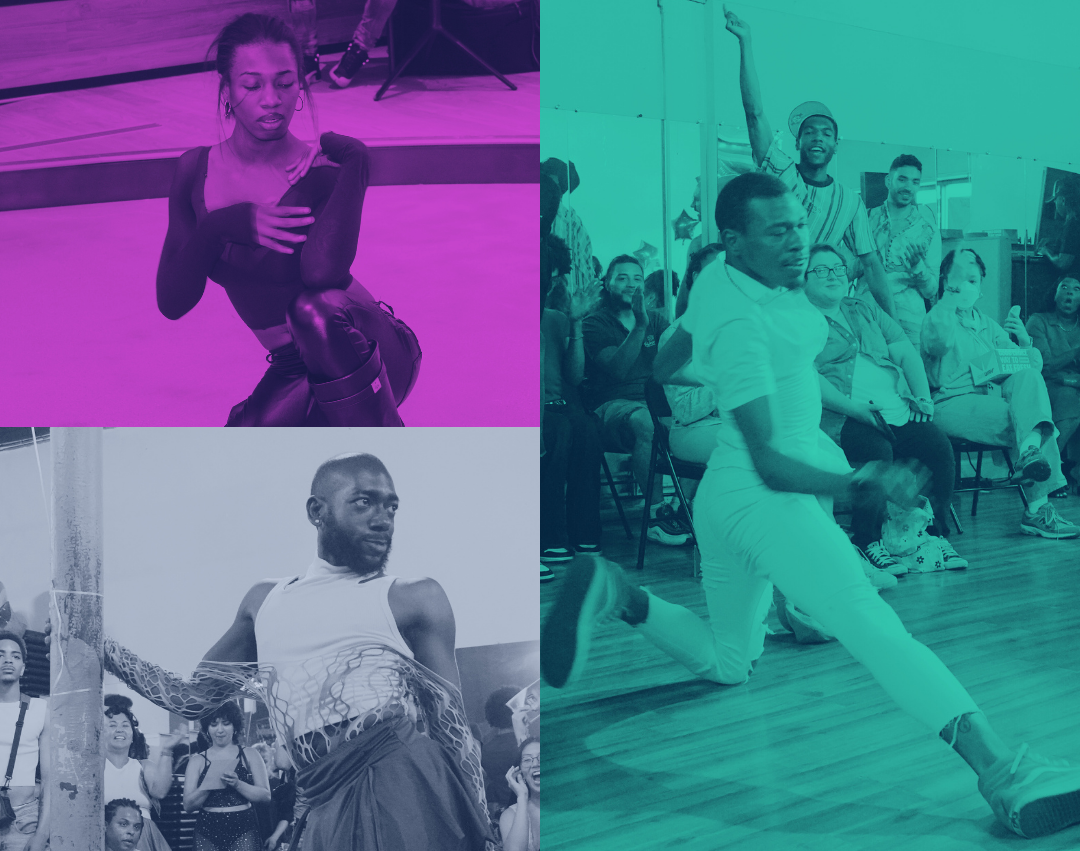 Three-image collage featuring ballroom dancers performing expressive poses in front of cheering audiences.