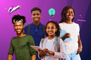 Four smiling Black and brown youth with backpacks and notebooks against a vibrant purple graphic background.